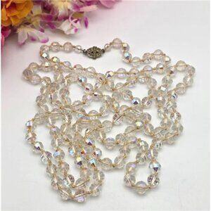 AB Austrian Crystal 56" Opera Necklace Silver Tone Estate Vintage Hand Knotted